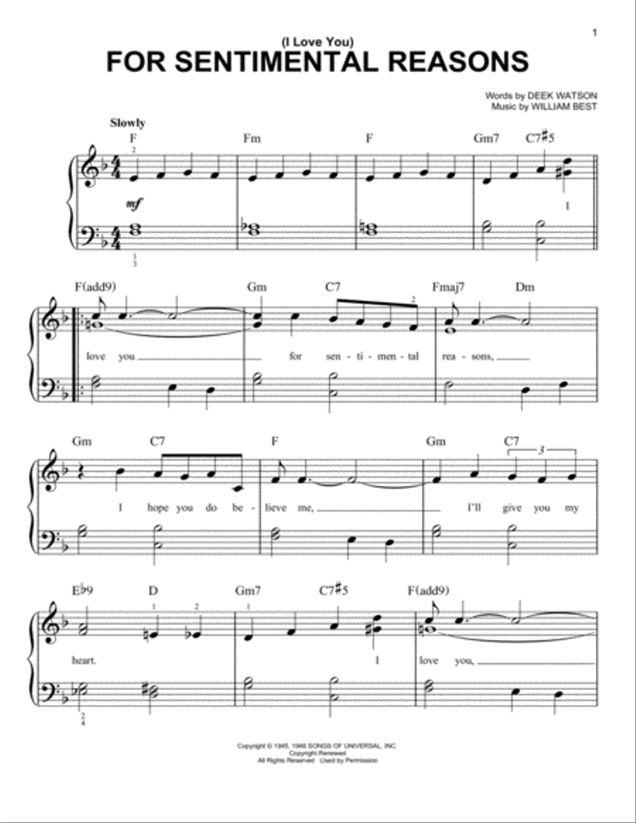 (I Love You) For Sentimental Reasons Easy Piano scores gallery preview page 1