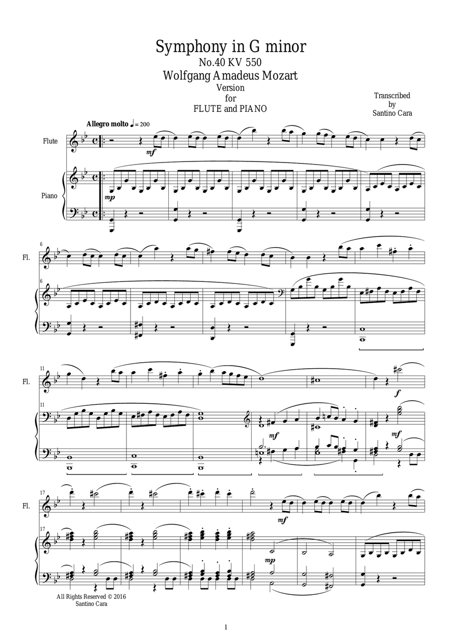 Mozart - Full Symphony in G minor No.40 K.550 for Flute and Piano Flute Solo scores gallery preview page 1