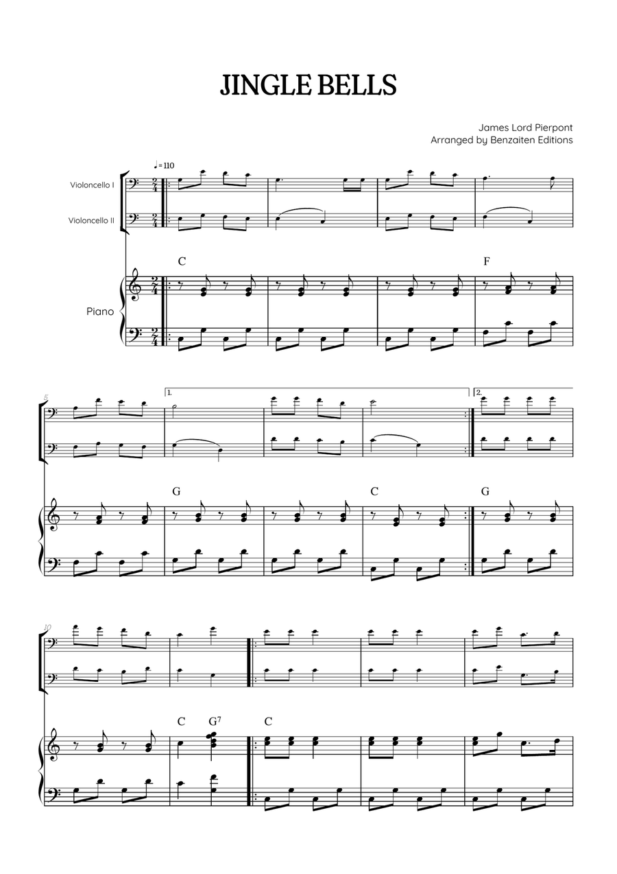 Jingle Bells • Christmas Song | cello duet sheet music w/ piano accompaniment [chords]