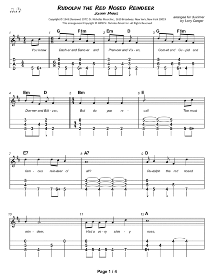 Rudolph The Red-nosed Reindeer Dulcimer scores gallery preview page 2