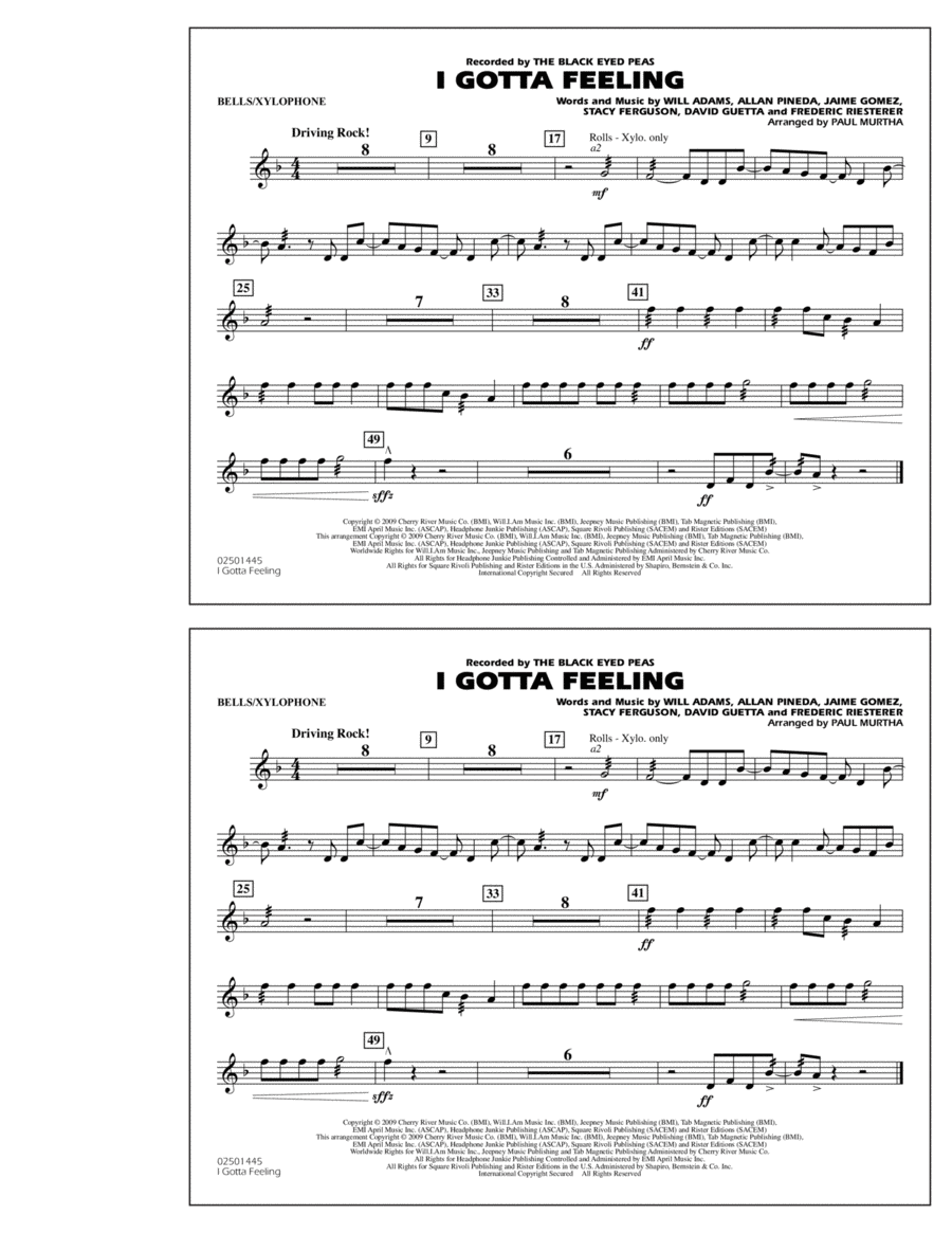 I Gotta Feeling - Bells/Xylophone Marching Band scores gallery preview page 1