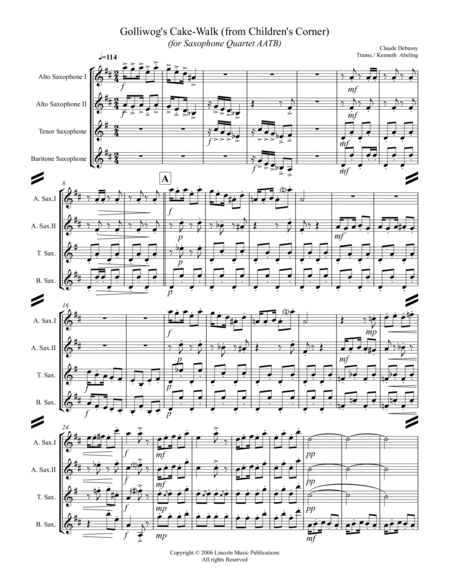 Debussy – Golliwog’s Cakewalk from Children’s Corner (for Saxophone Quartet AATB) image number null