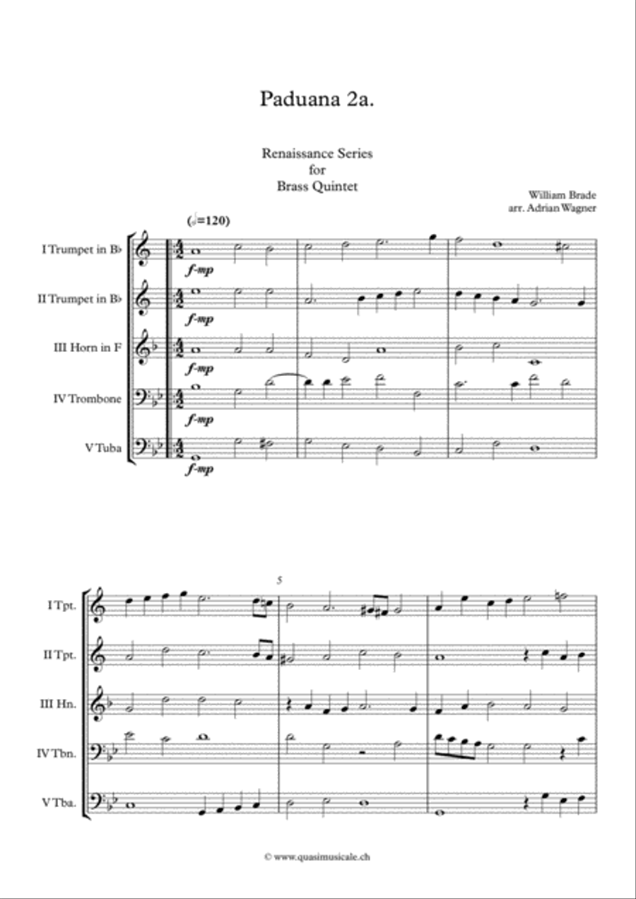 Paduana 2a. (William Brade) Brass Quintet arr. Adrian Wagner Brass Quintet scores gallery preview page 2