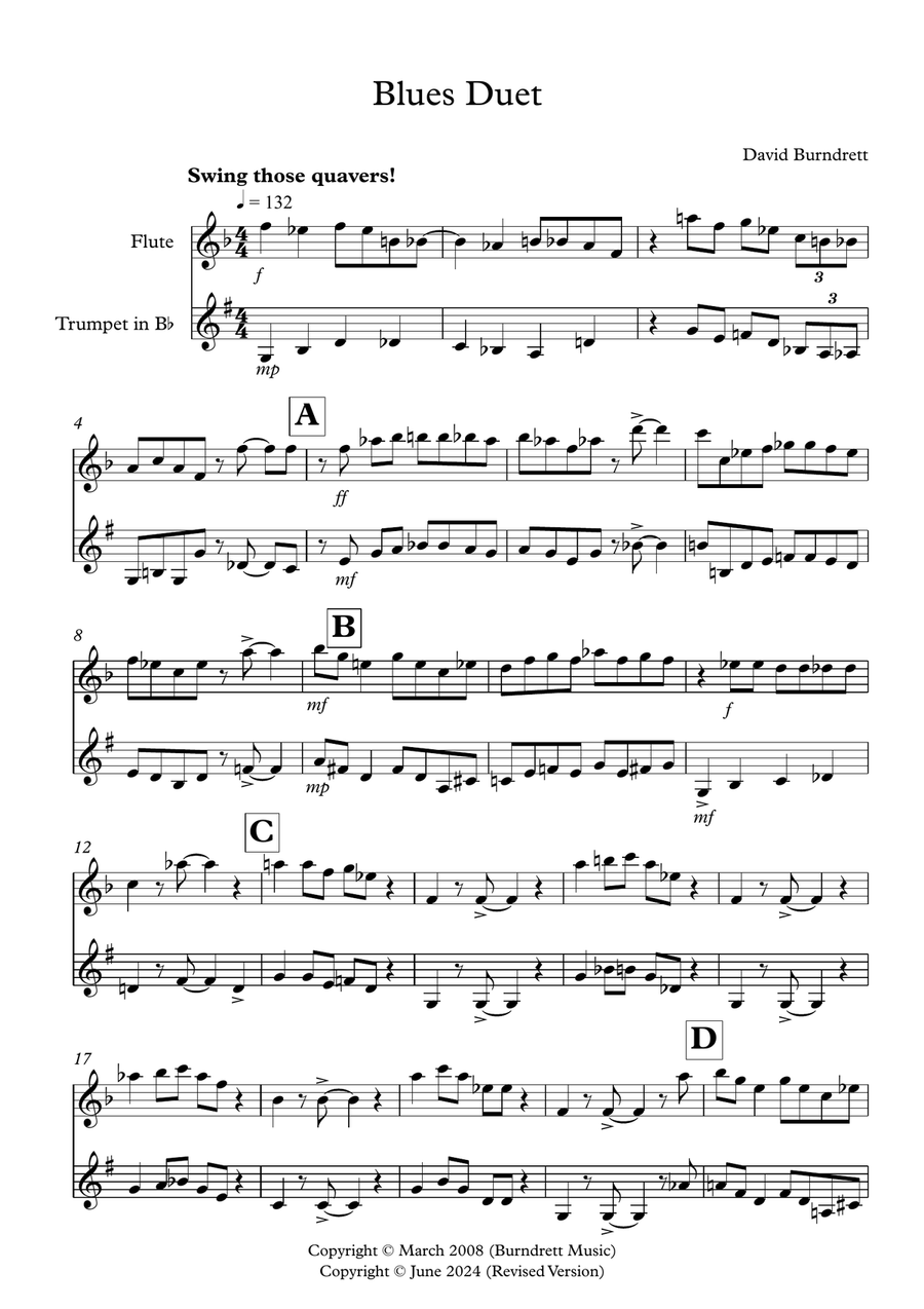 Blues Duet for Flute and Trumpet in Bb Flute scores gallery preview page 1