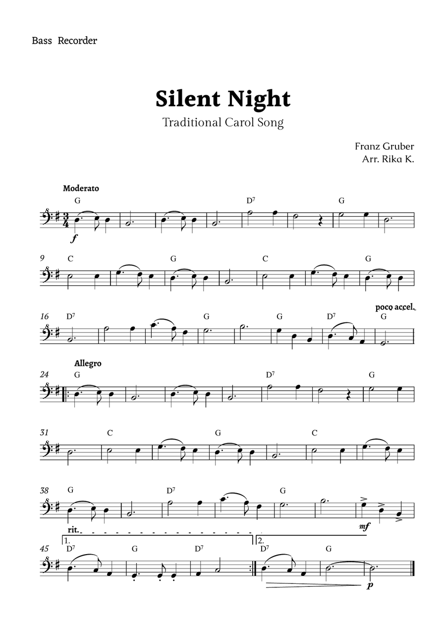 Silent Night for Bass Recorder Solo Bass Recorder scores gallery preview page 1