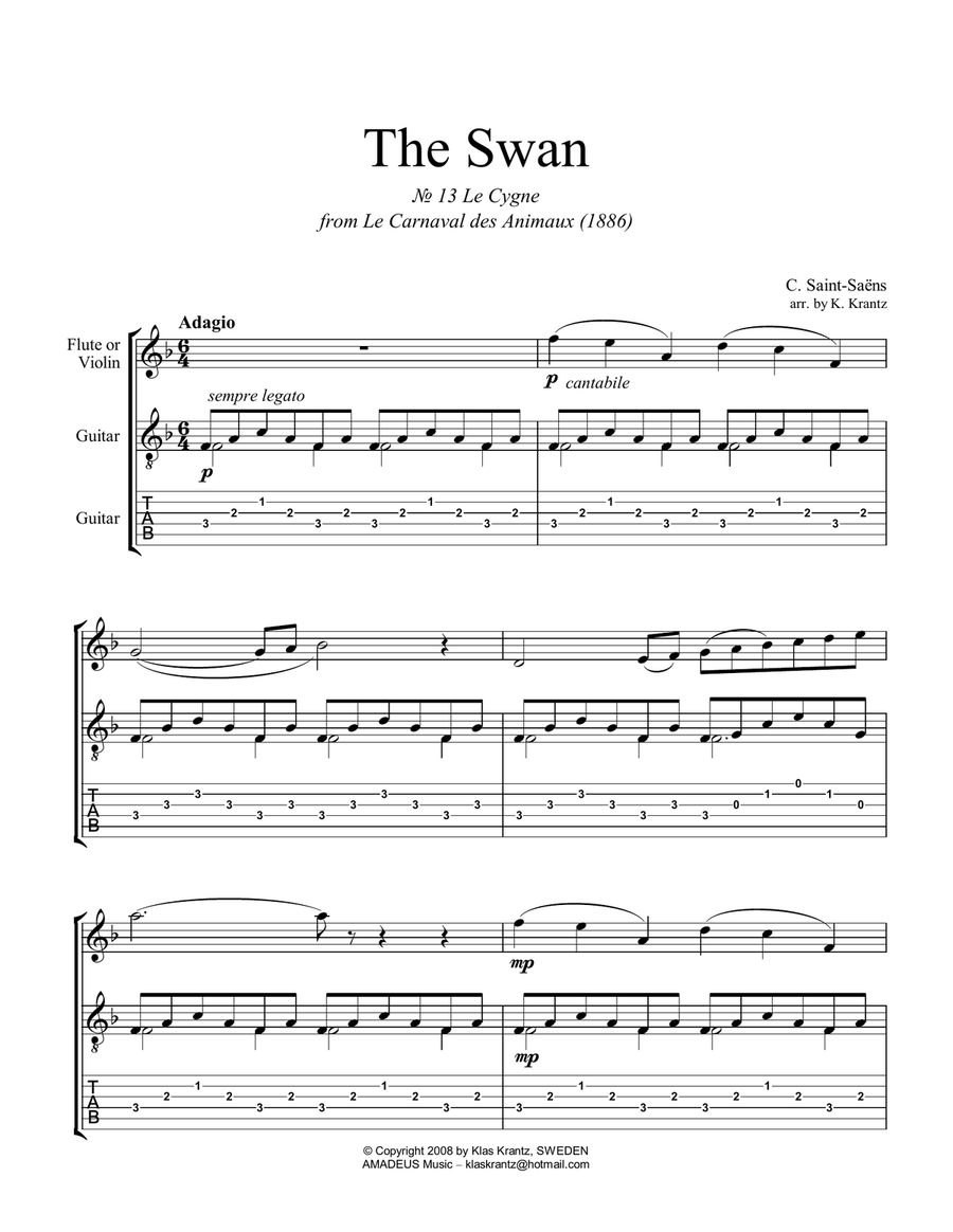 The Swan / Le cygne for violin or flute and easy guitar (+TAB) Flute scores gallery preview page 1