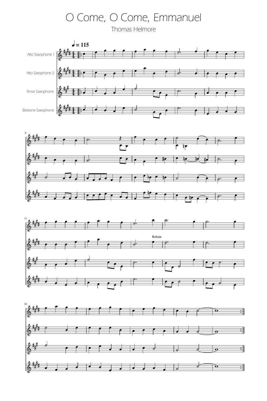 O Come, O Come, Emmanuel - Sax Quartet AATB Saxophone Quartet scores gallery preview page 1