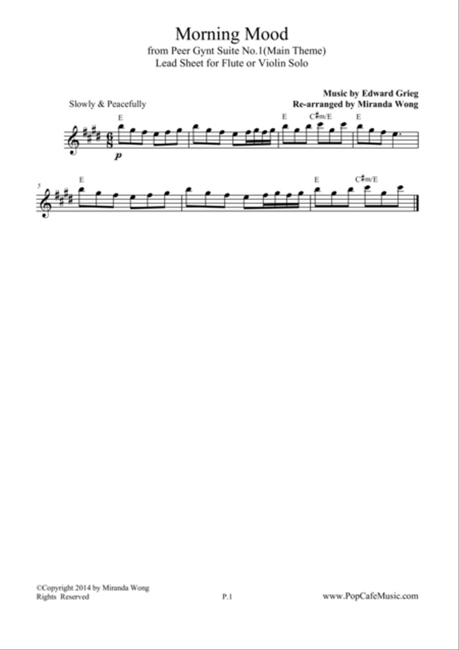 Morning Mood (Peer Gynt Suite) - Lead Sheet in E Key Small Ensemble scores gallery preview page 1