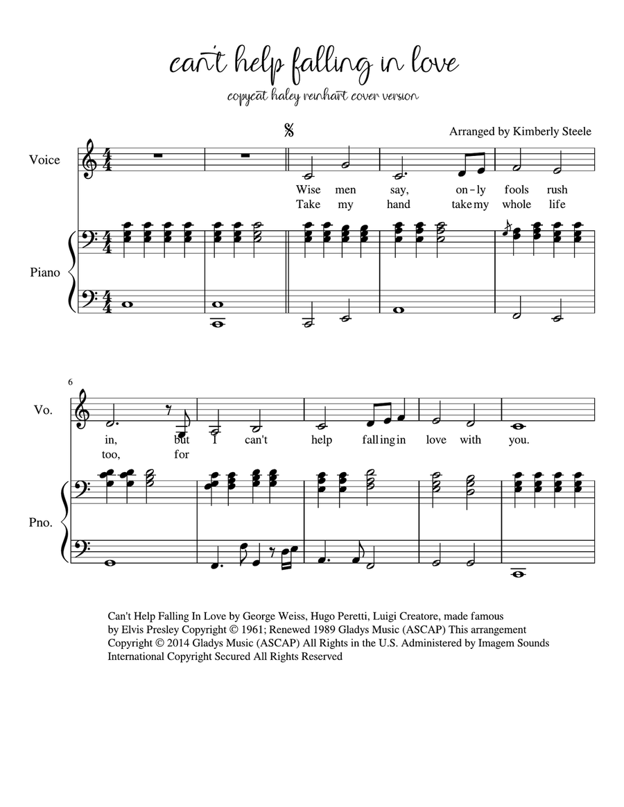 Can't Help Falling In Love Easy Piano scores gallery preview page 1