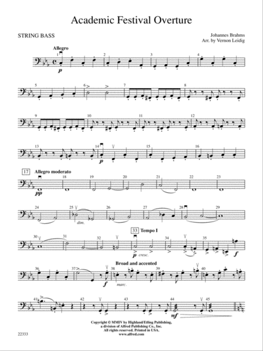 Academic Festival Overture: String Bass Full Orchestra scores gallery preview page 1