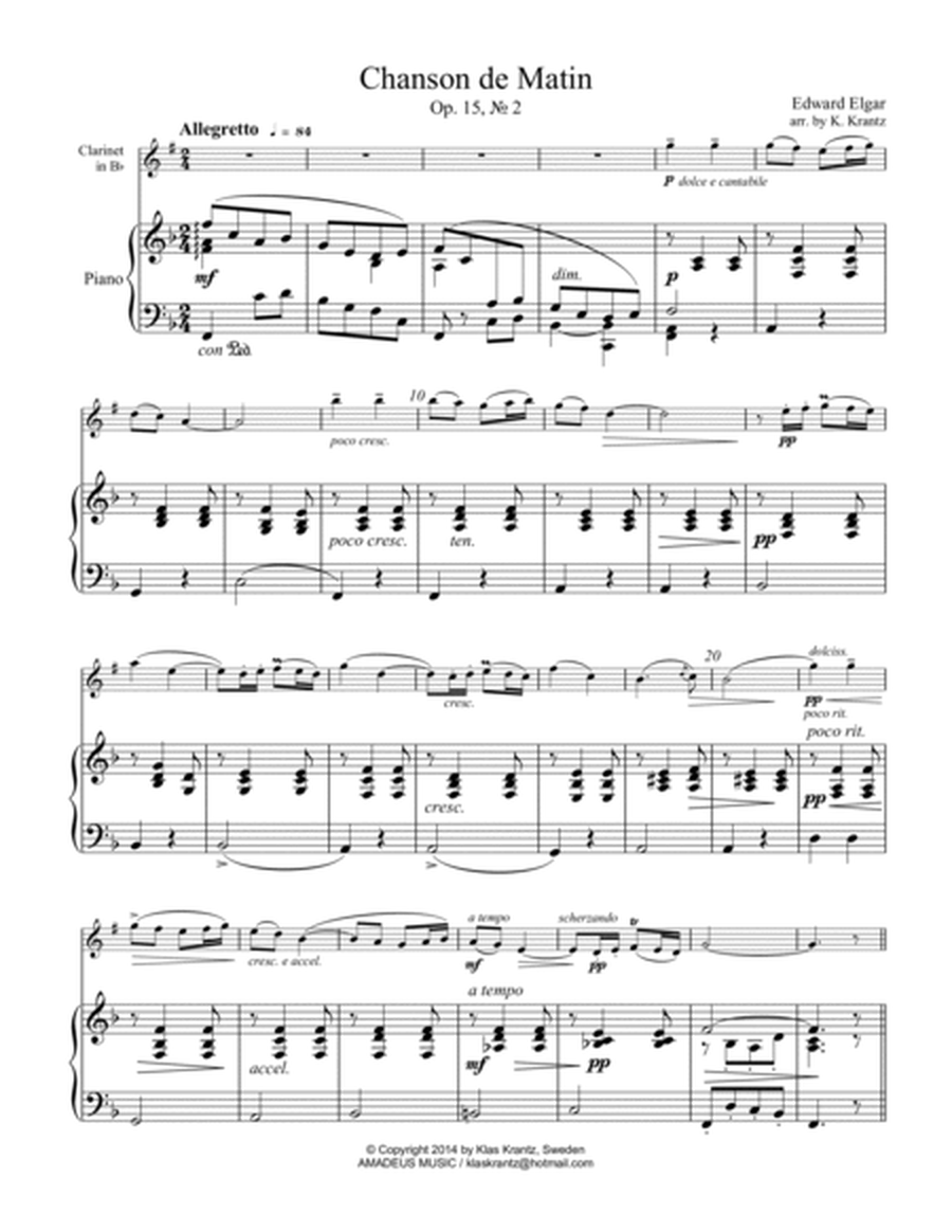 Chanson de Matin Op. 15 for clarinet in Bb and piano image number null