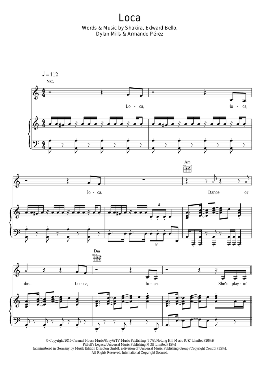 Loca (featuring Dizzee Rascal) Piano, Vocal scores gallery preview page 1