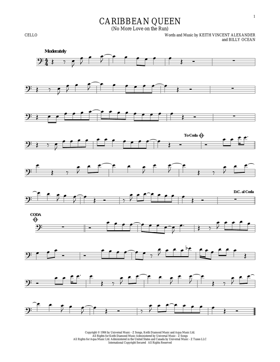 Caribbean Queen (No More Love On The Run) Cello Solo scores gallery preview page 1