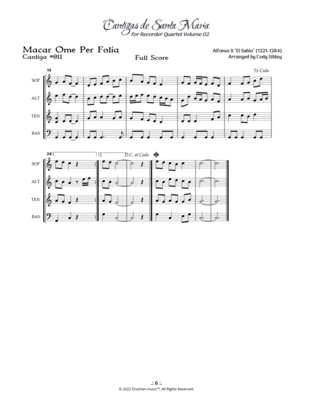 Cantigas de Santa Maria 011 Macar Ome Per Folia for Recorder Quartet image number null