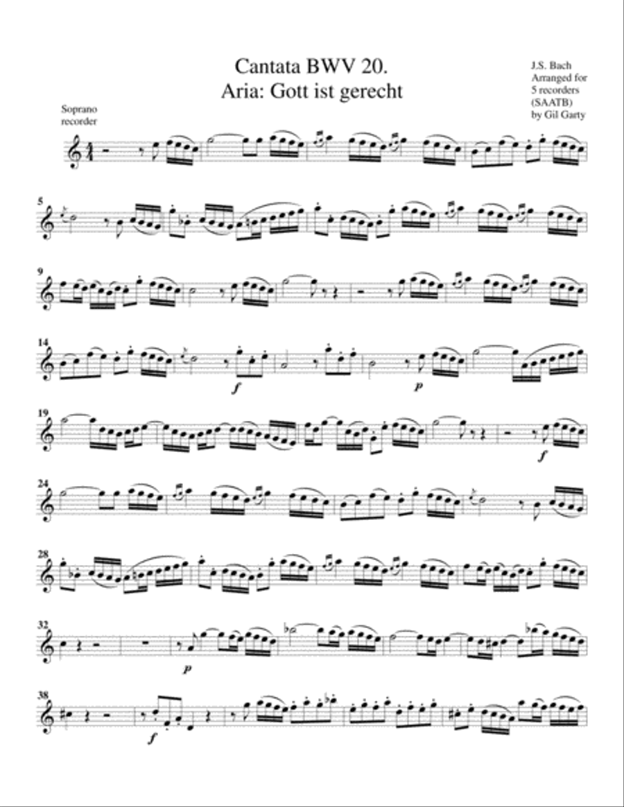 Aria: Gott ist gerecht from Cantata BWV 20 (arrangement for 5 recorders) Recorder scores gallery preview page 6
