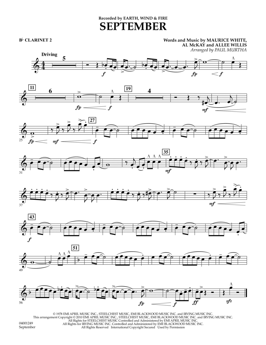 Book cover for September (arr. Paul Murtha) - Bb Clarinet 2