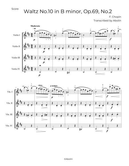 Chopin: Waltz No.10, Op.69, No.2 - arr. for Violin Quartet image number null
