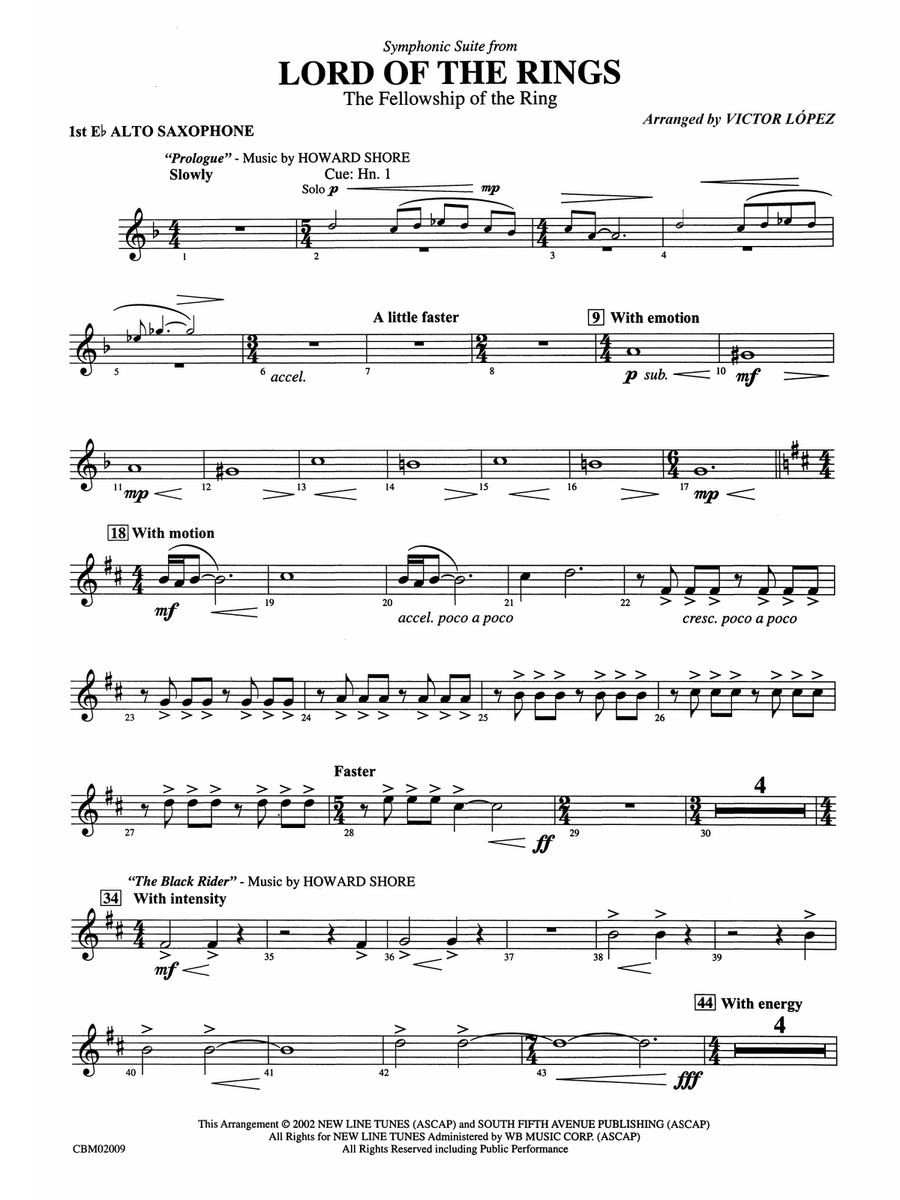 The Lord of the Rings: The Fellowship of the Ring, Symphonic Suite from: E-flat Alto Saxophone