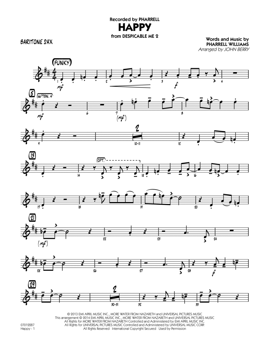 Happy (from Despicable Me 2) - Baritone Sax Jazz Ensemble scores gallery preview page 1