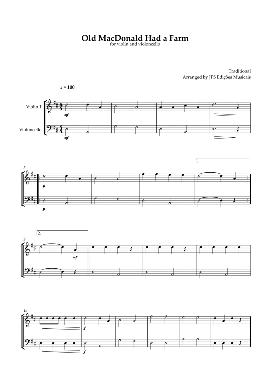 Old MacDonald Had A Farm for violin and violoncello String Duet scores gallery preview page 1