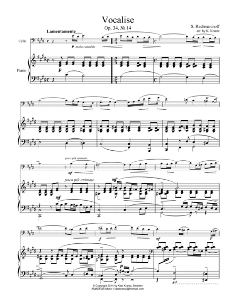 Vocalise Op. 34 for cello and piano Piano scores gallery preview page 2