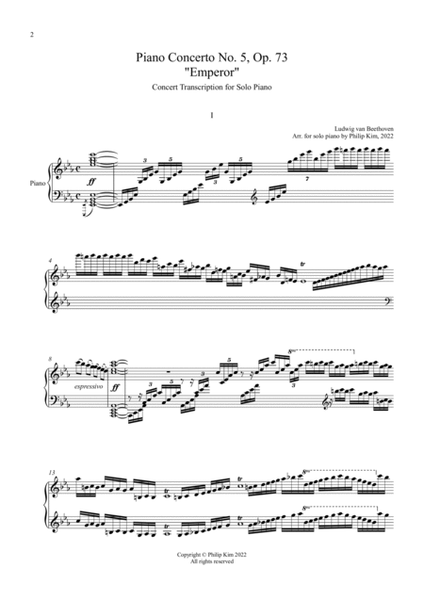 Beethoven Piano Concerto No. 5 Op. 73 "Emperor" Concert Transcription for Solo Piano (Complete)