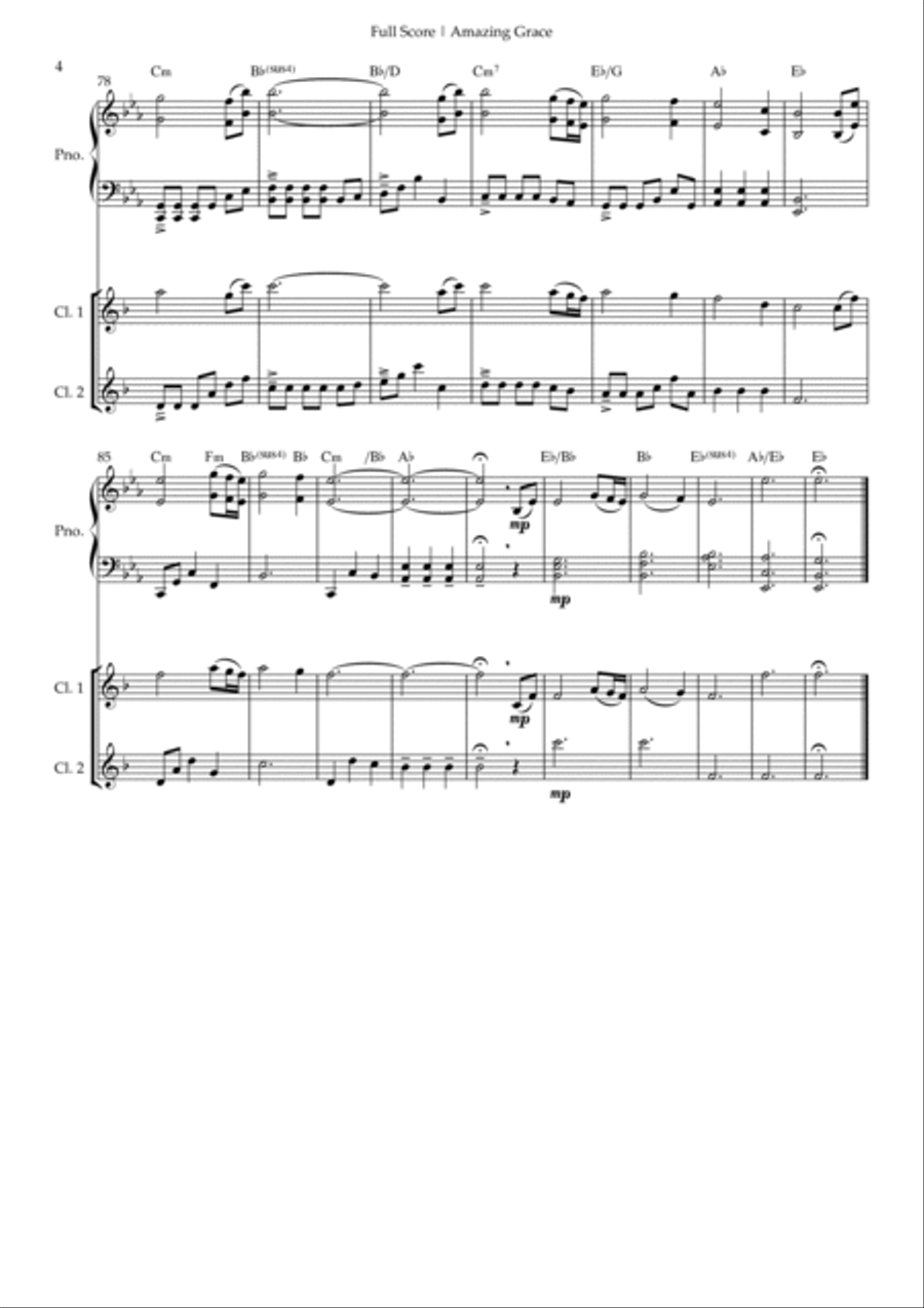 Amazing Grace (John Newton, E. O. Excell) for Clarinet in Bb Duo and Piano Accompaniment with Chords Woodwind Duet scores gallery preview page 4