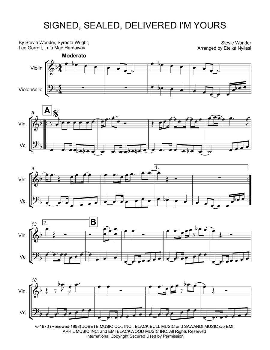 Signed, Sealed, Delivered I'm Yours String Duet scores gallery preview page 1