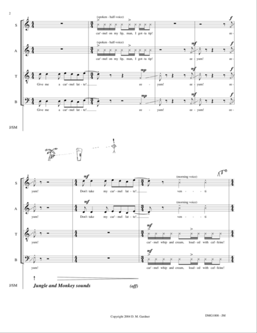 Caffeinated Dreams (SATB, Percussion, and Solo Monkey) 4-Part scores gallery preview page 3