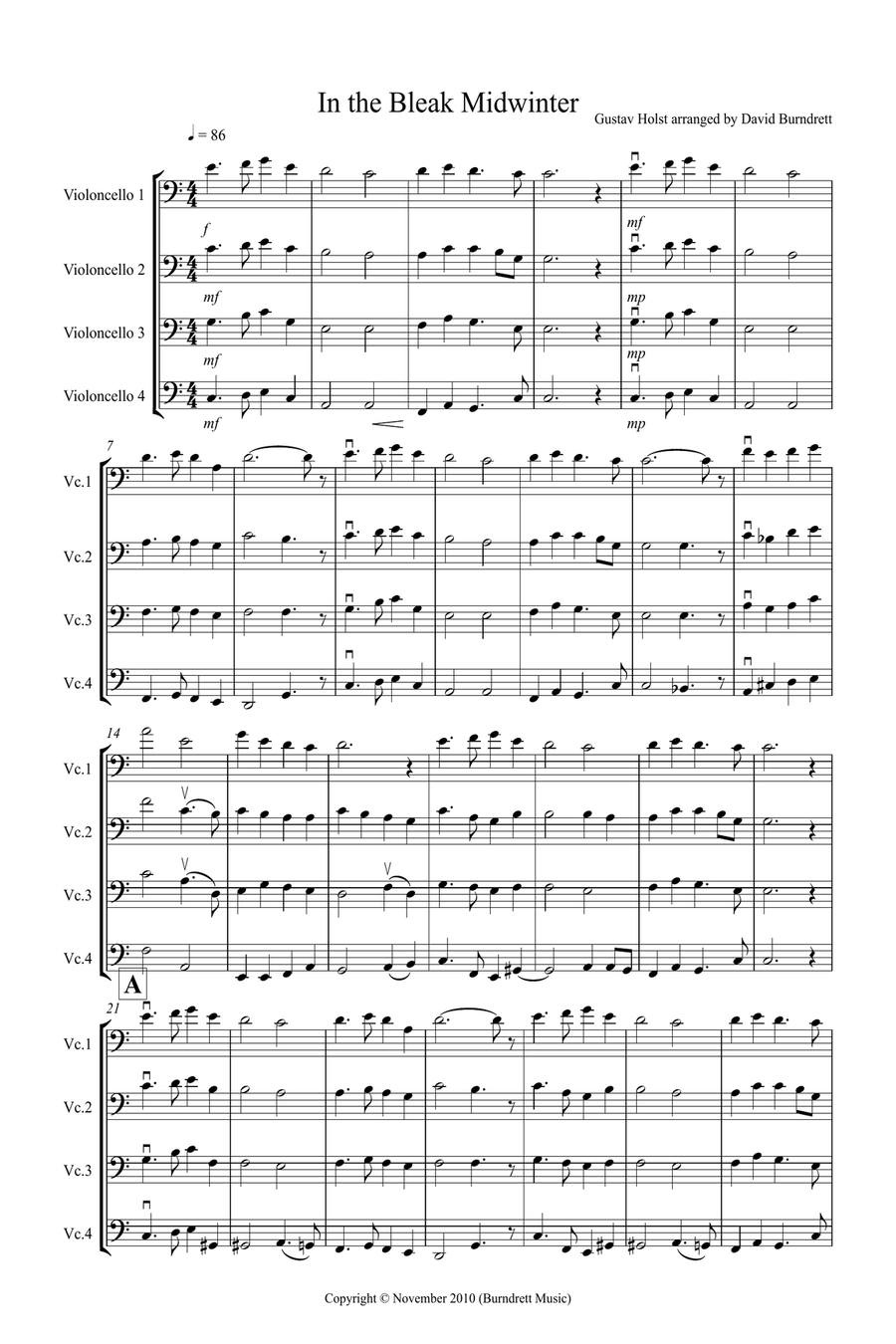 In the Bleak Midwinter for Cello Quartet Cello Solo scores gallery preview page 1