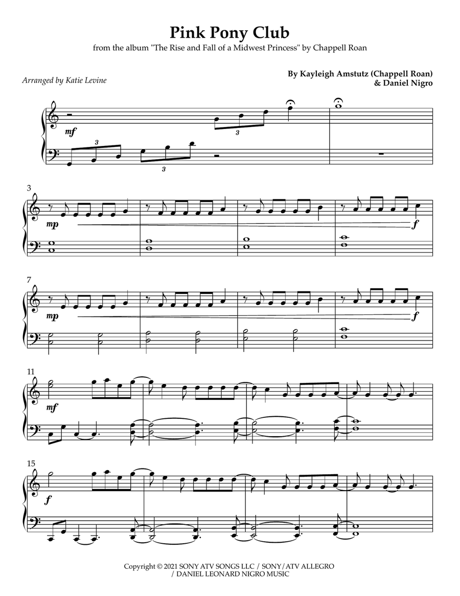 Pink Pony Club Pink Pony Club Easy Piano scores gallery preview page 1