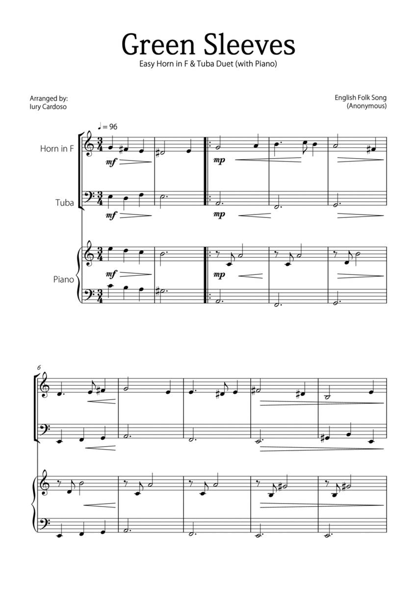 "Green Sleeves" - Beautiful easy version for HORN in F & TUBA DUET with PIANO image number null