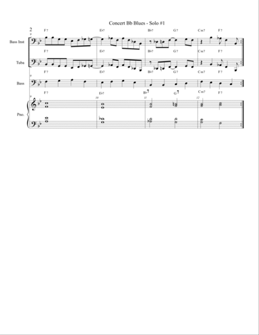 Concert Bb Blues Solo #1 - 12 Bar Blues w/ Rhythm Section - Bass Clef Instruments C Instrument scores gallery preview page 2