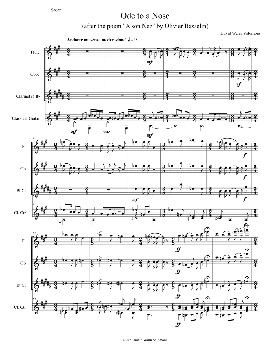 Ode to a Nose for flute, oboe, clarinet and guitar