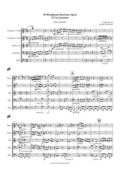 MacDowell: Woodland Sketches Op.51 No.4 "In Autumn"- brass quintet image number null