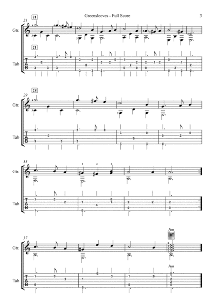 Greensleeves : Intermediate Solo Guitar Arrangement Classical Guitar scores gallery preview page 4