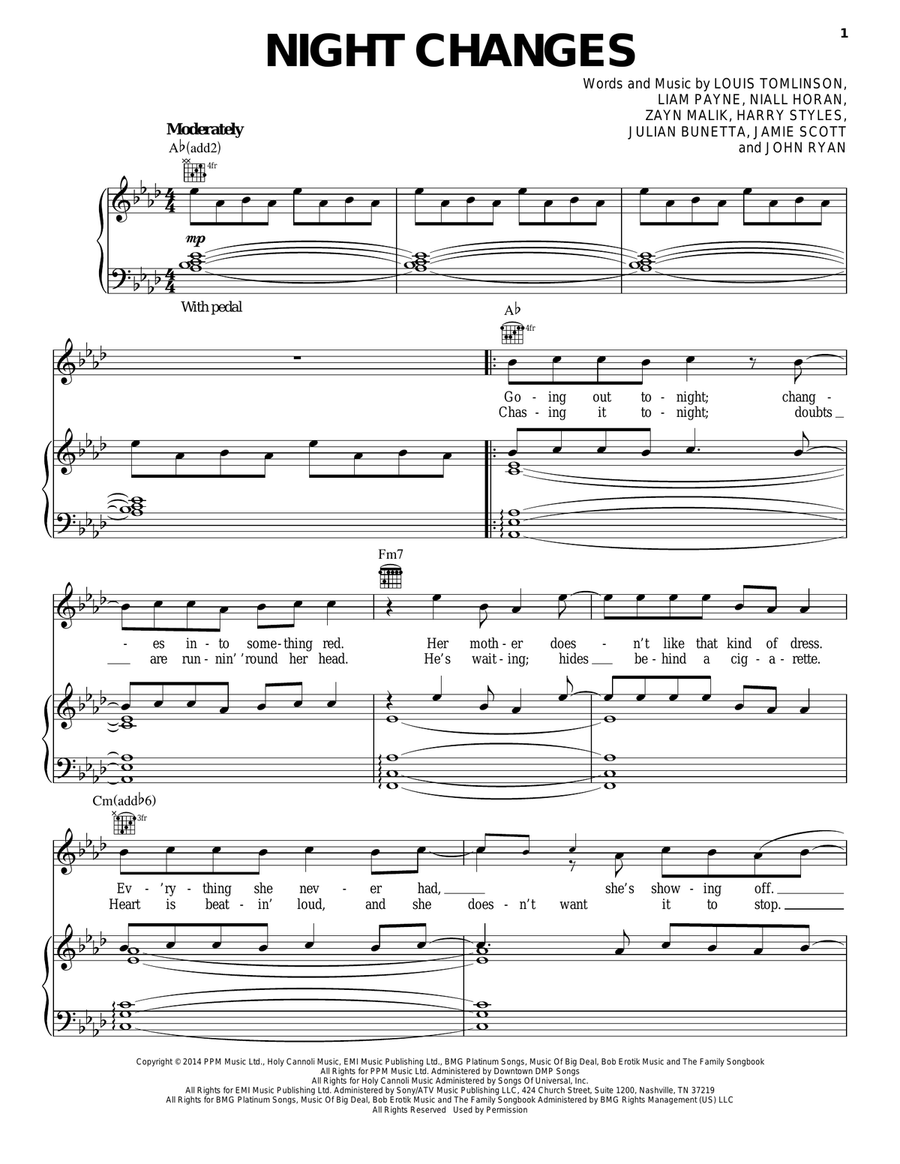 Night Changes Piano, Vocal, Guitar scores gallery preview page 1