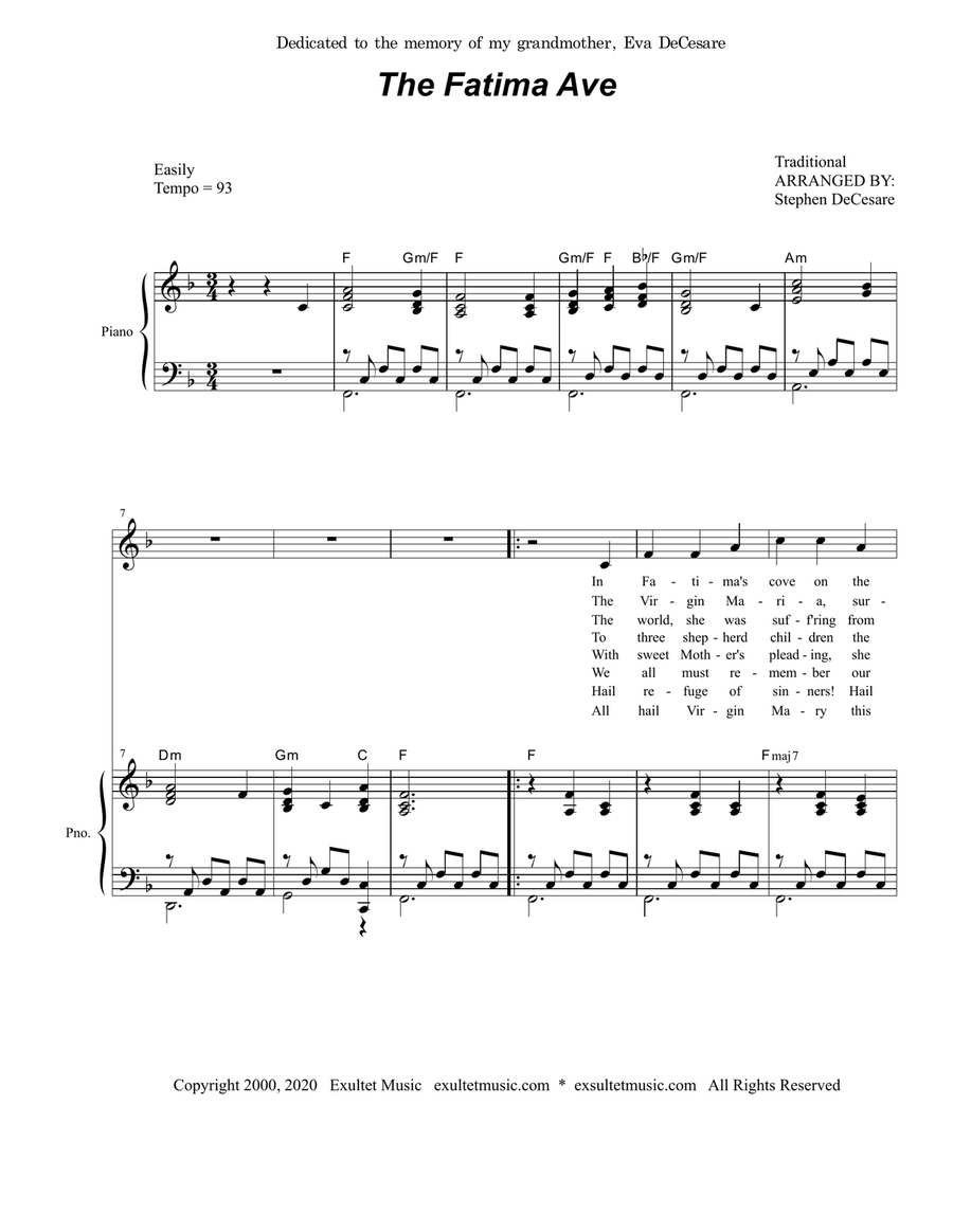 The Fatima Ave (Vocal Solo) Piano, Vocal scores gallery preview page 1