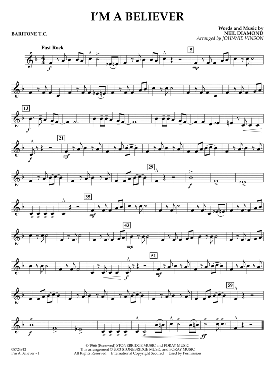 I'm a Believer (arr. Johnnie Vinson) - Baritone T.C. Concert Band scores gallery preview page 1