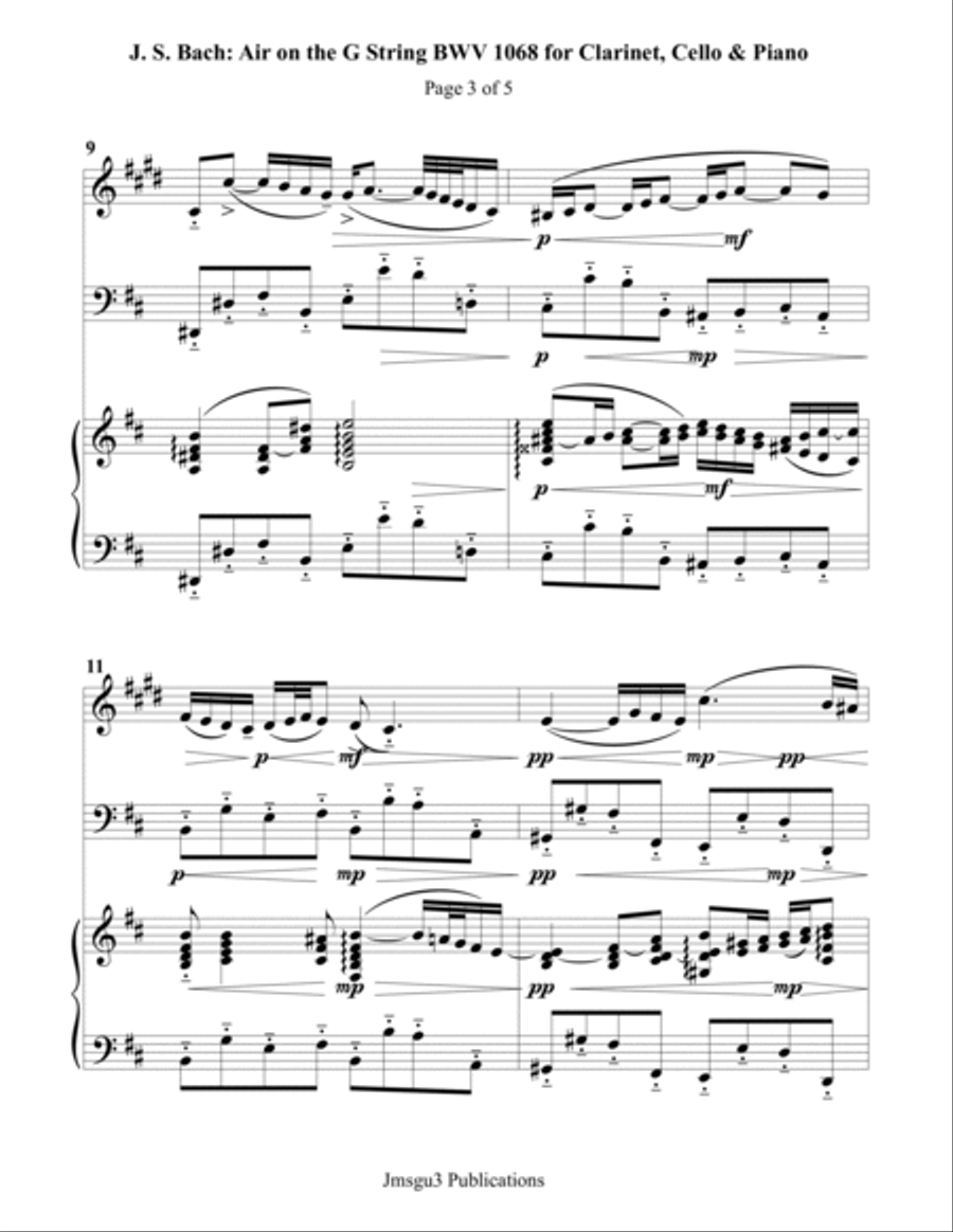 Bach: Air on a G String for Clarinet, Cello & Piano Clarinet scores gallery preview page 3