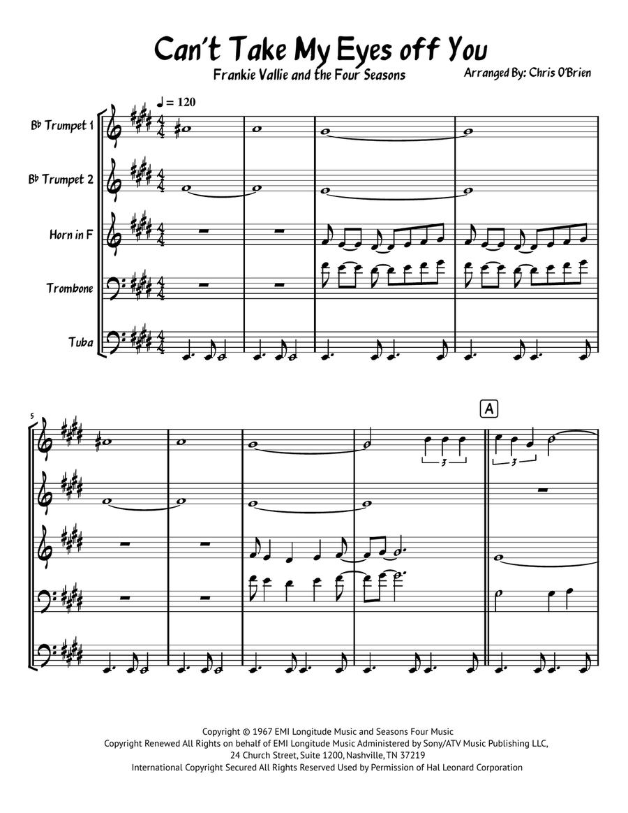 Can't Take My Eyes Off Of You Brass Ensemble scores gallery preview page 1