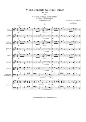 Vivaldi - Violin Concerto No.4 in E minor RV 550 Op.3 for 4 Violins, Strings and Cembalo