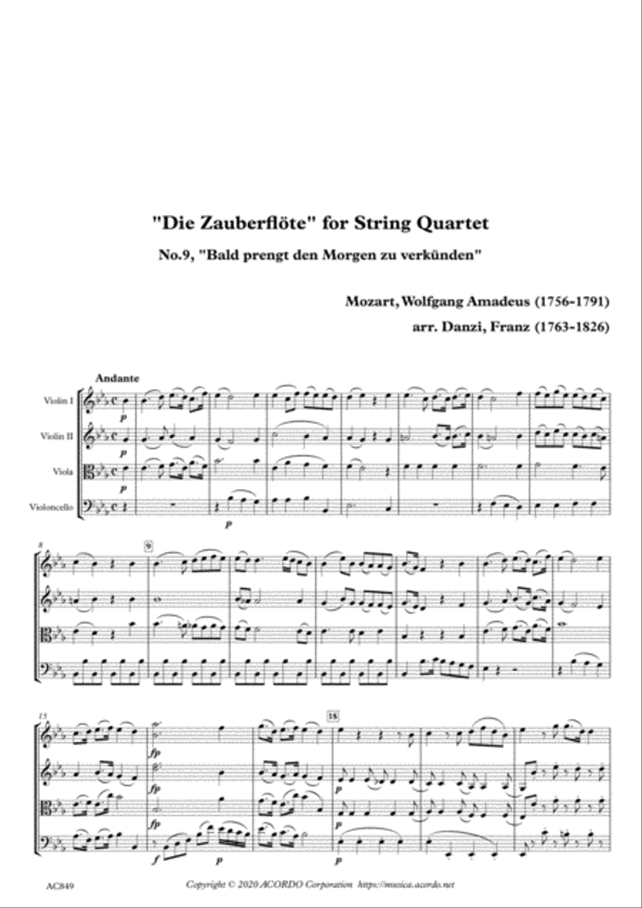 "Die Zauberflöte" for String Quartet, No.9, "Bald prengt den Morgen zu verkünden"