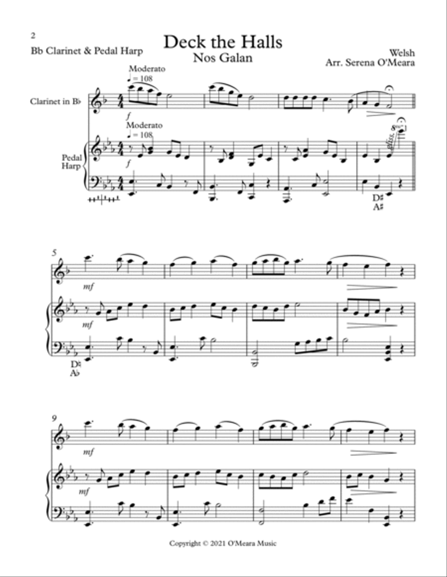 Deck The Halls, Duet for Bb Clarinet and Pedal Harp B-Flat Clarinet scores gallery preview page 2