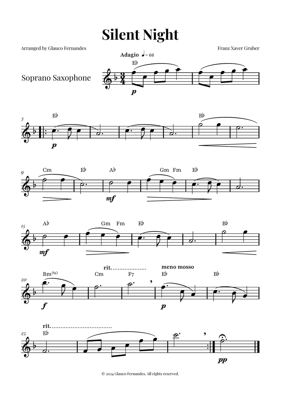 Silent Night | BEAUTIFUL Arrangement Soprano Saxophone scores gallery preview page 1