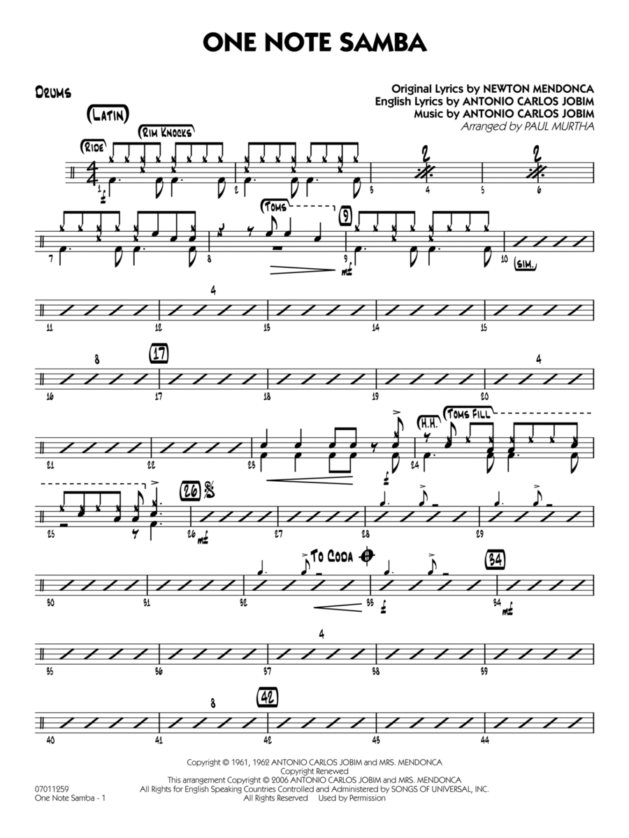 One Note Samba (arr. Paul Murtha) - Drums