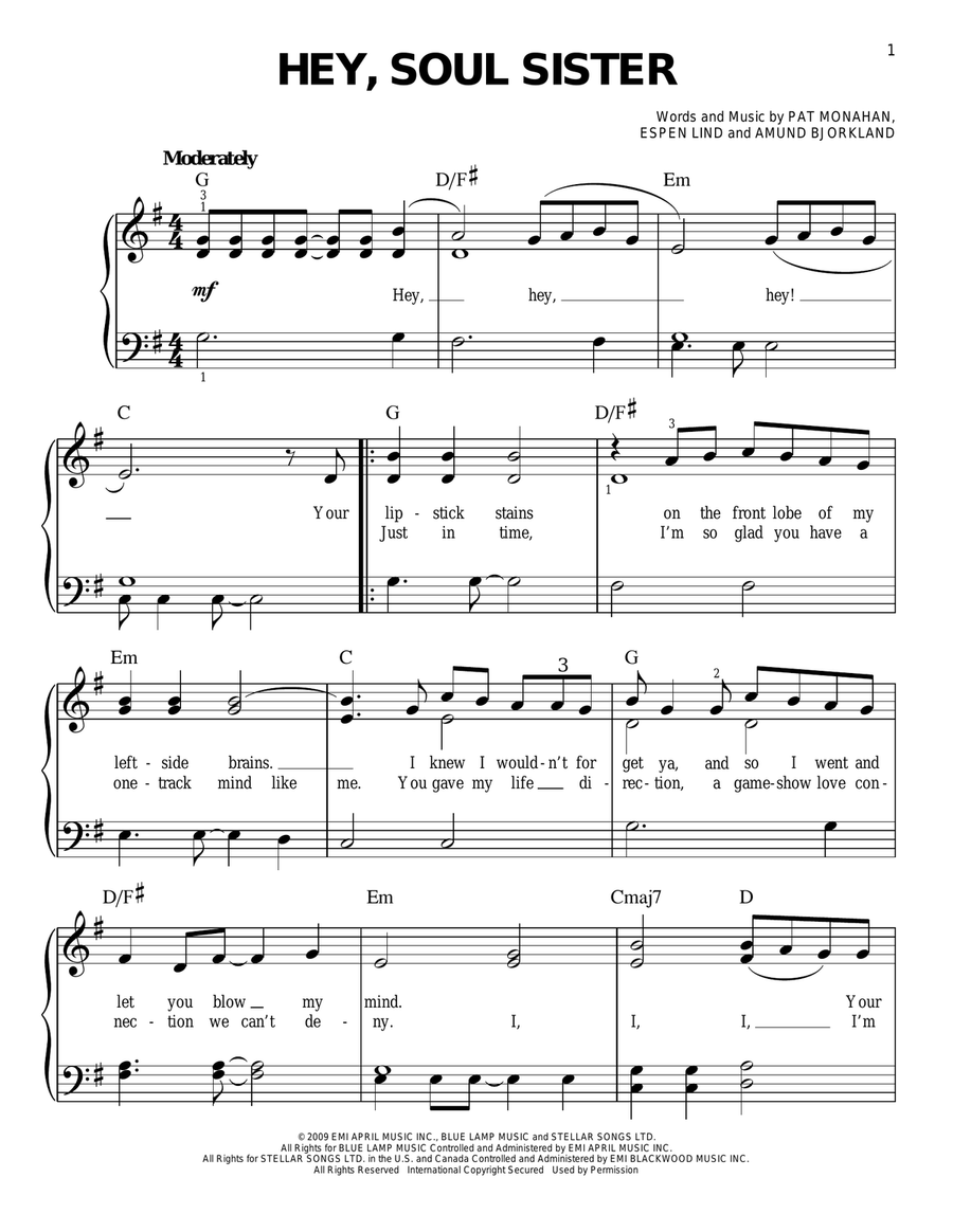 Hey, Soul Sister Easy Piano scores gallery preview page 1