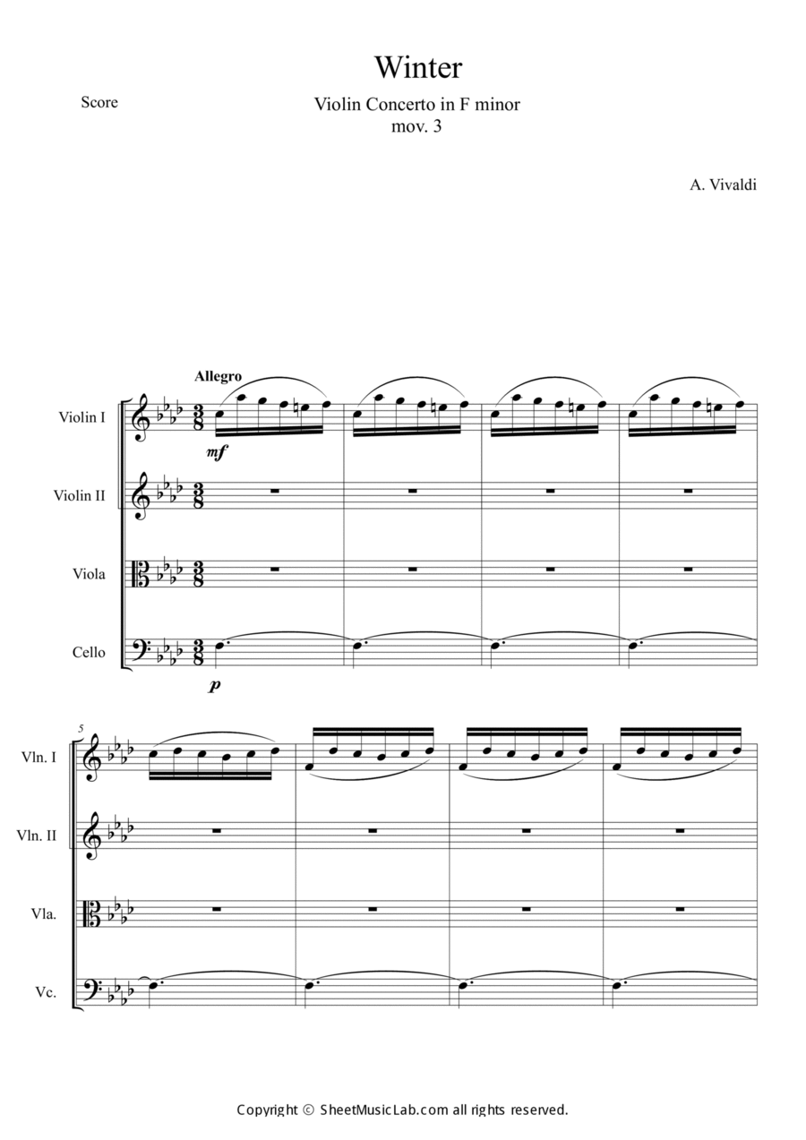 The Four Seasons: Winter 3rd Movement String Quartet scores gallery preview page 1