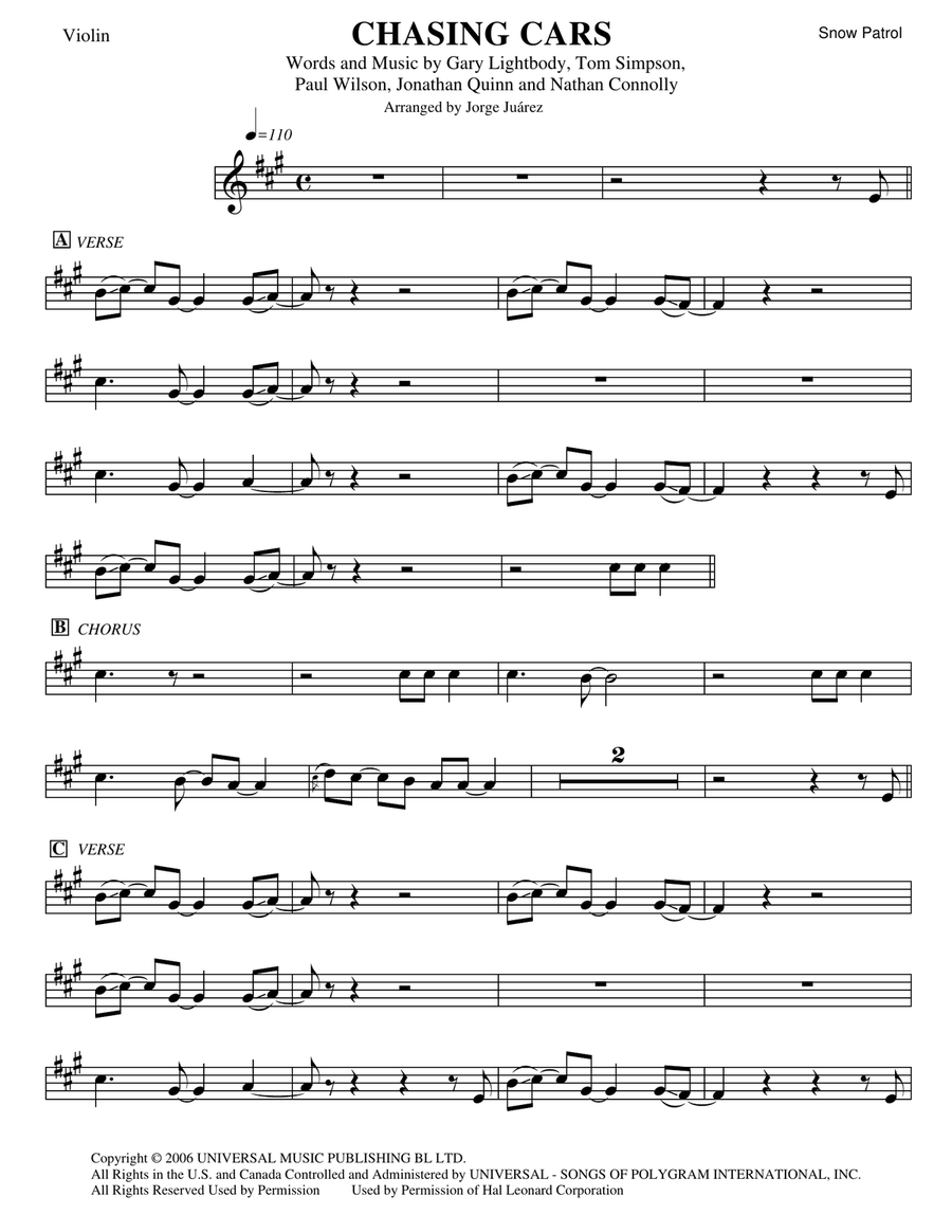 Chasing Cars Chasing Cars Violin Solo scores gallery preview page 1