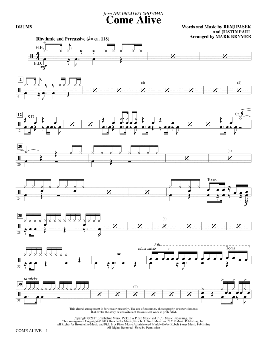 Come Alive (from The Greatest Showman) (Arr. Mark Brymer) - Drums Choir scores gallery preview page 1